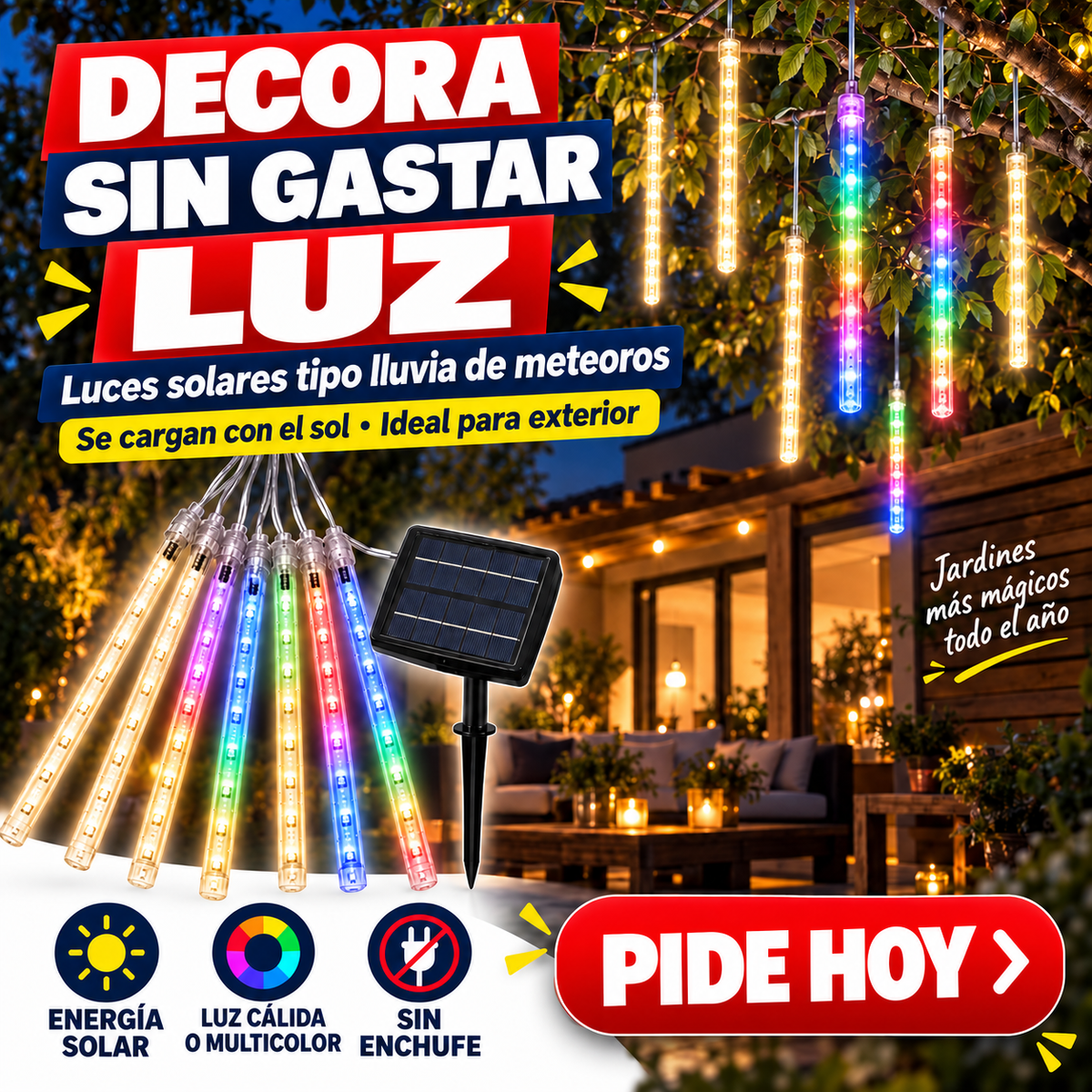 MeteoLux — Luces Solares Lluvia de Meteoritos 8 Tubos LED | Cálida o Multicolor