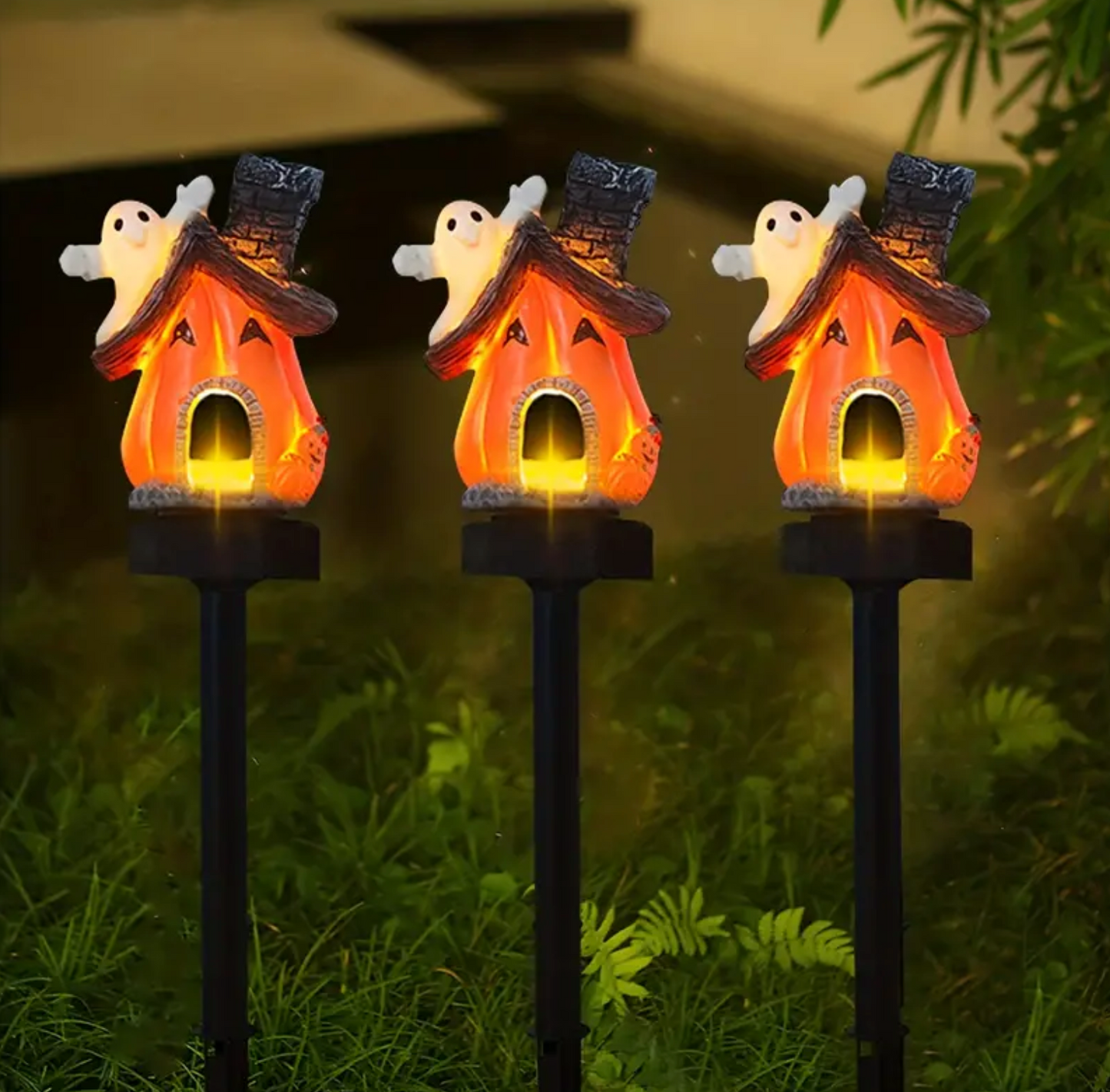 Estaca Solar Calabaza De Halloween Con Fantasma Luz Calida