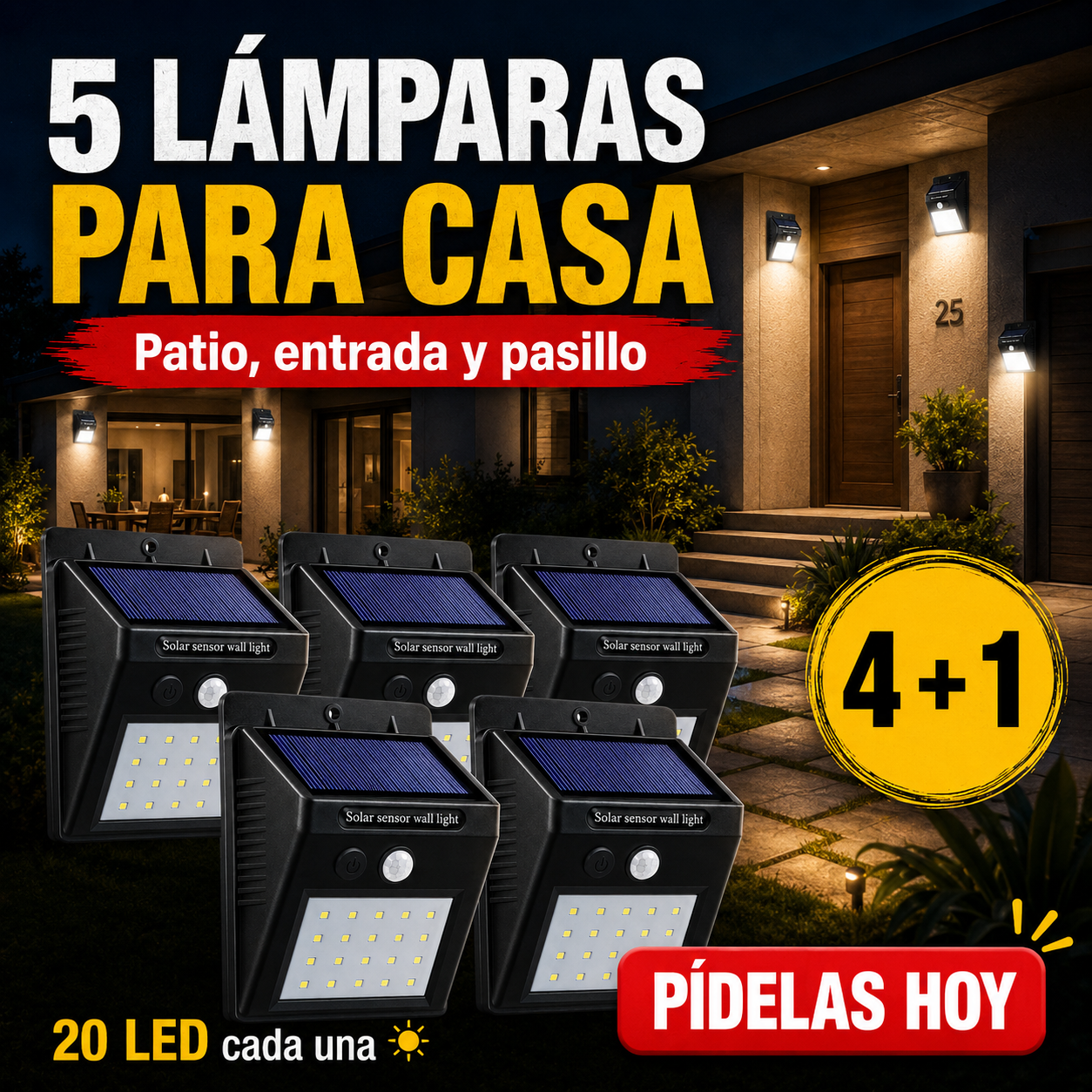 SolarGuard - Foco Solar 20 LED con Sensor de Movimiento (4 + 1 GRATIS)