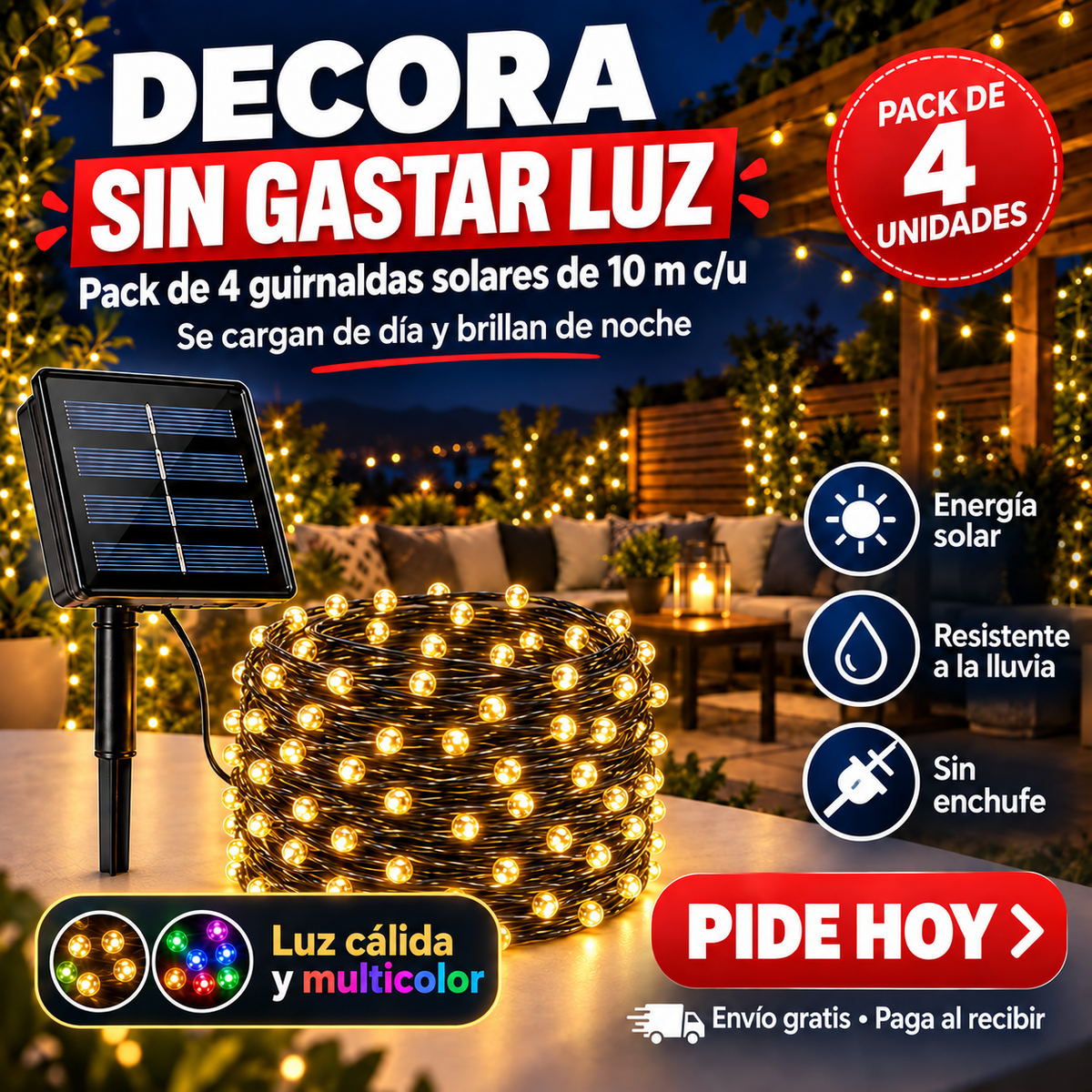 SolLumina — Pack 4 Guirnaldas Solares LED de 10 m (40 metros de luz) Cálida o Multicolor
