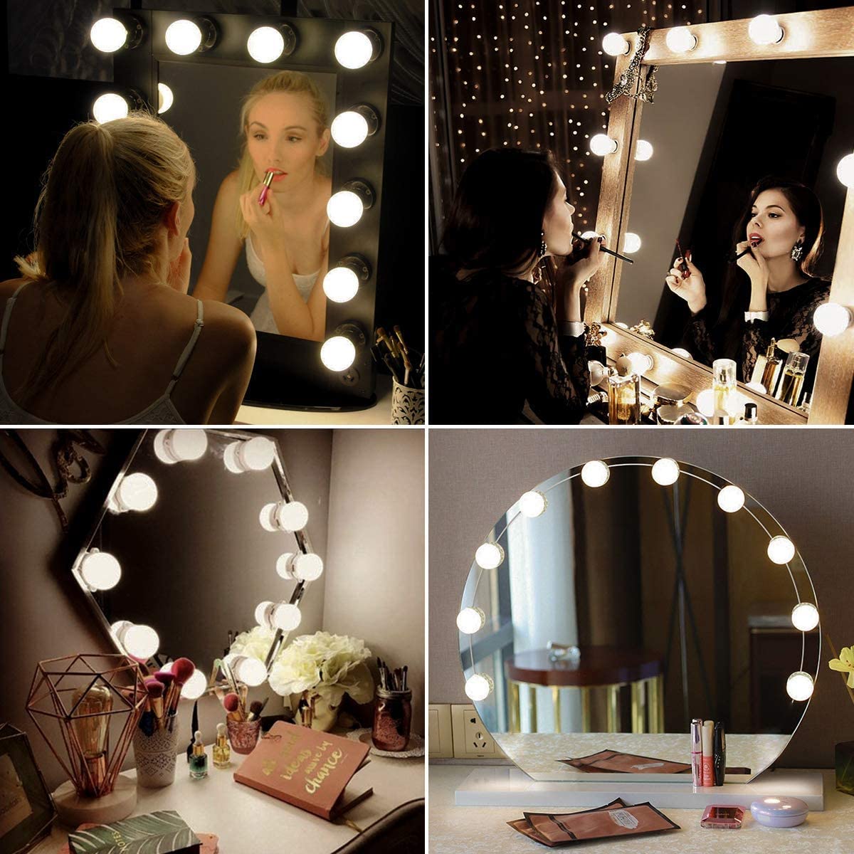 Luces de tocador para espejo, 16 bombillas LED, luces de maquillaje  Hollywood, 3 modos de color, brillo regulable, enchufar, pegar, para  tocador