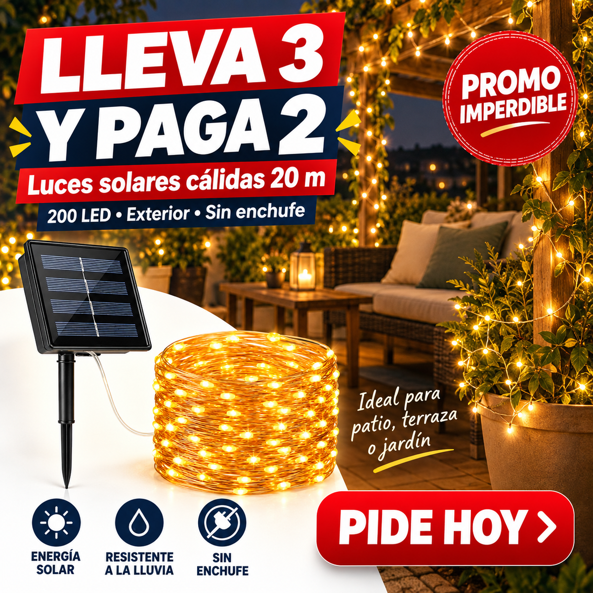 LumiHada — Guirnalda Solar 20 Metros 200 LED Cálidos | 2x3: Llévate 3, Paga 2
