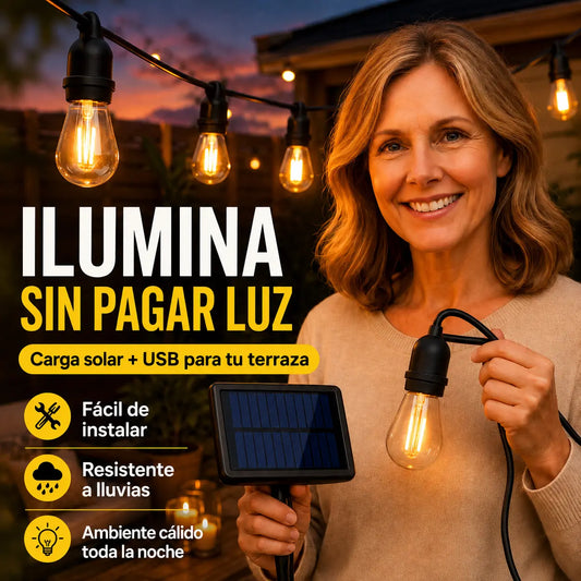 LuzPower™ Guirnalda Solar 10M | 10 Ampolletas LED Cálida + Carga USB