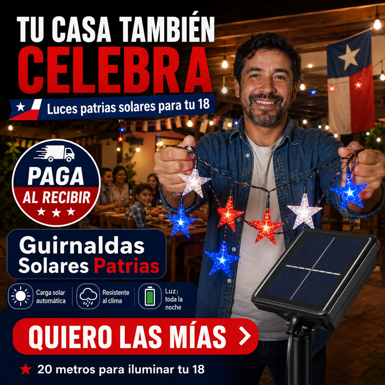 Guirnaldas Solares para Fiestas Patrias 20 metros 🇨🇱