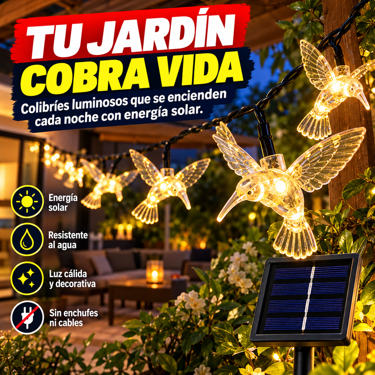ColibríLuz — Guirnalda Solar de Colibríes en Luz Cálida | Símbolo de Paz y Buena Suerte