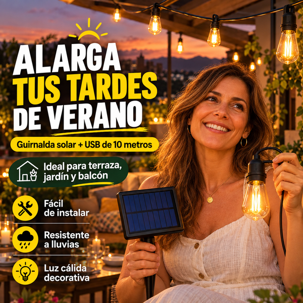 LuzPower™ Guirnalda Solar 10M | 10 Ampolletas LED Cálida + Carga USB