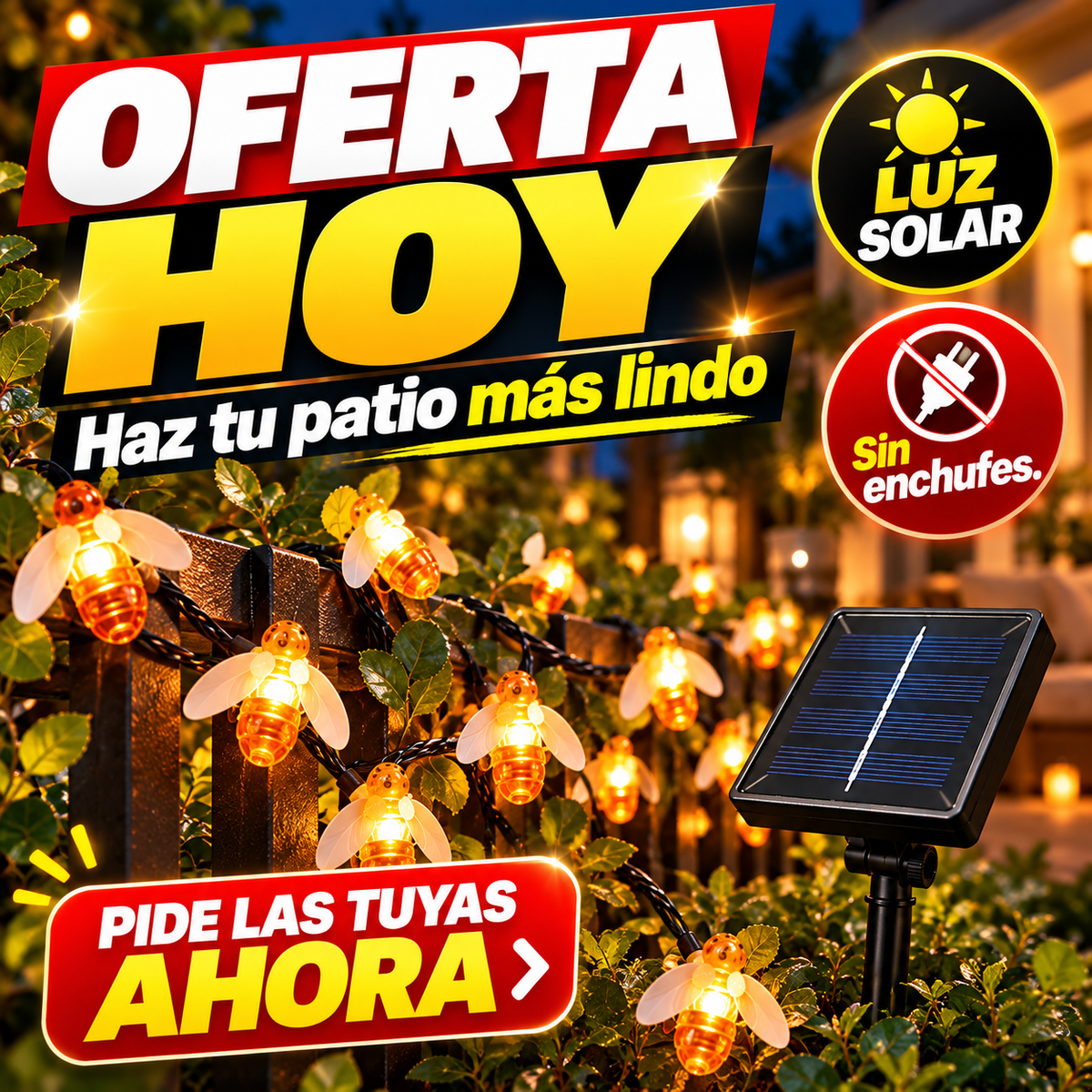 AbejaSol — Pack 3 Guirnaldas Solares de Abejas, 90 LED de Luz Cálida