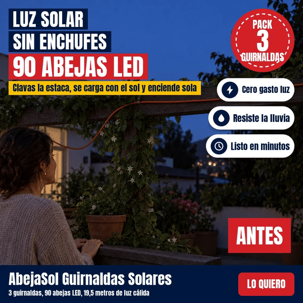 Pack 3 Guirnaldas Solares de Abejas — 90 Luces LED Cálidas sin Enchufes