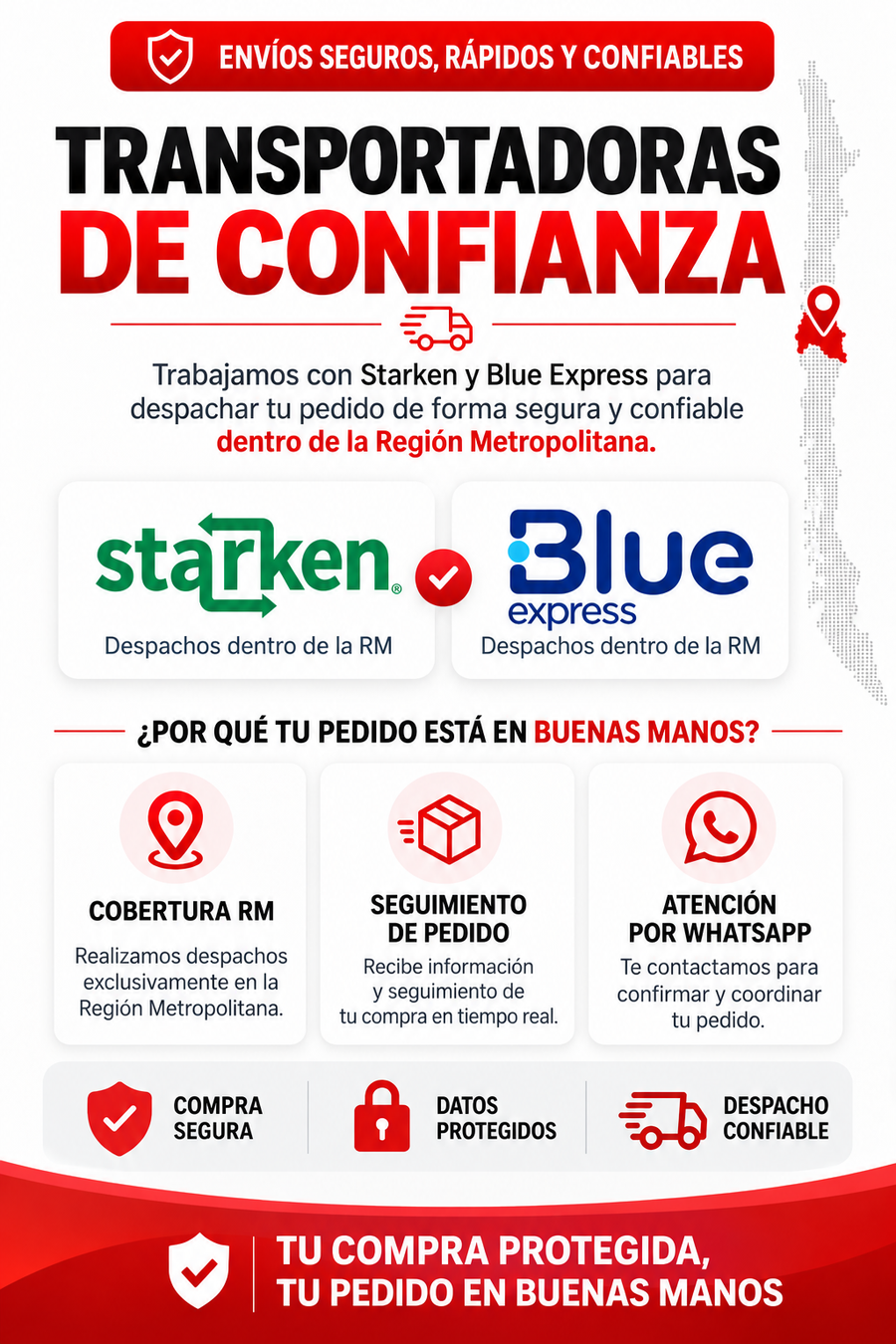 Trabajamos con Starken y Blue Express para despachar tu pedido dentro de la Región Metropolitana